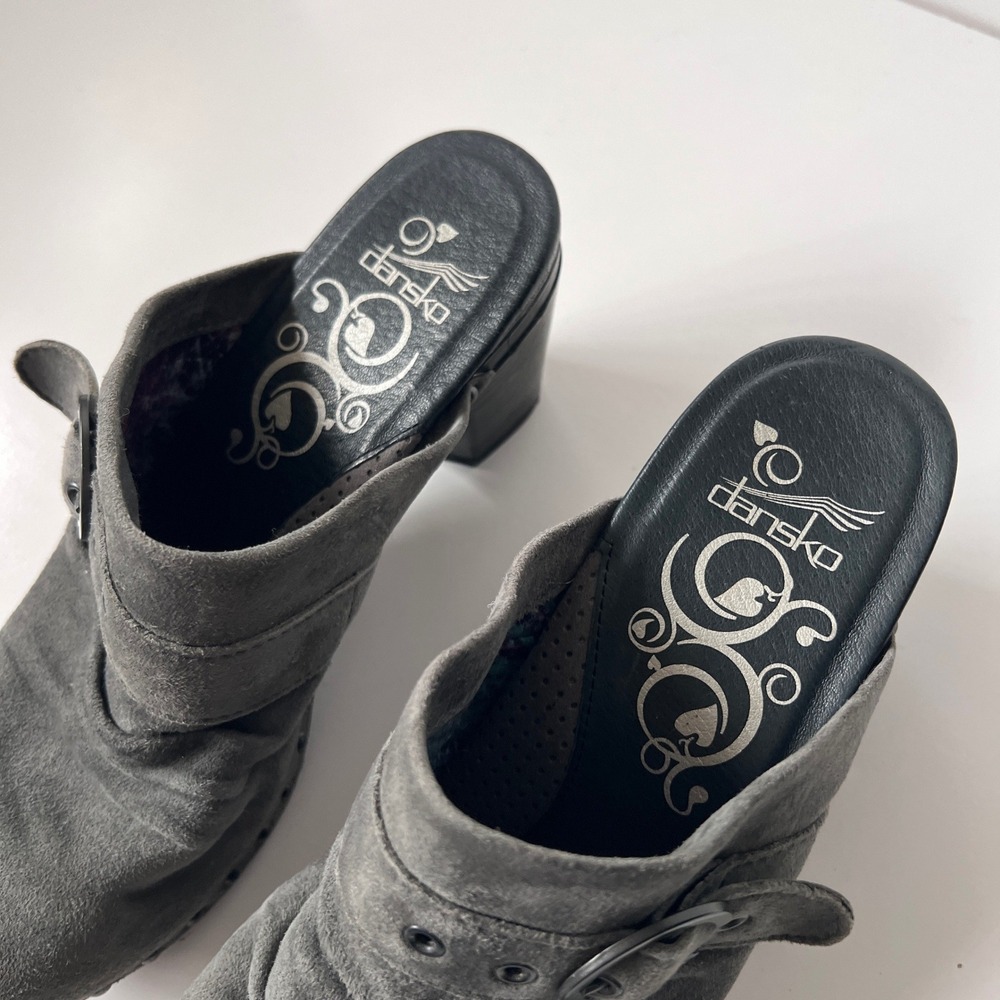 Vintage Y2K Dansko Clog Mules 39 8.5 Grey Suede Studded Heeled Boho Hippie Indie - Picture 4 of 9